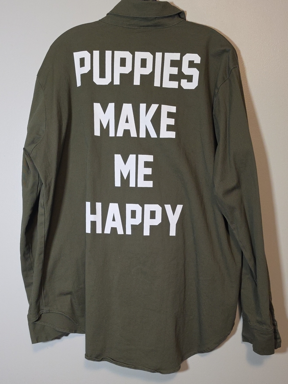 Olive Green Long Sleeve Tee with Bold White 'PUPPIES MAKE ME HAPPY' Print